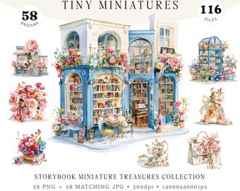 Tiny Miniatures Clipart Bundle, Storybook Shops, Boutique Interiors, Dollhouse, Tea Party, Perfume, Bookstore, Floral Watercolor Cottagecore