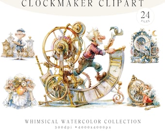 Paquete de imágenes prediseñadas de relojeros, ilustraciones de relojeros en acuarela, arte de taller de relojería vintage, reloj steampunk, artesano caprichoso, 24 PNG JPG