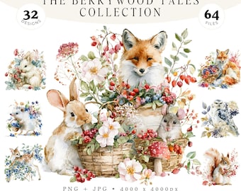 Paquete de imágenes prediseñadas de Berrywood Tales, 32 animales del bosque en formato PNG y JPG, colección de cuentos de hadas, fauna silvestre en acuarela, uso comercial, bayas silvestres.
