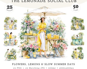 Imágenes prediseñadas de puesto de limonada, acuarela de mercado de verano, imágenes prediseñadas de niña en el jardín floral, flores amarillas y azules, gráficos cottagecore, 25 PNG + JPG