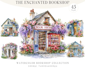 Paquete de 45 imágenes prediseñadas PNG de librerías en acuarela, librería estilo cottagecore, librería de glicinias, librería floral, edificios de cuento de hadas, uso comercial.
