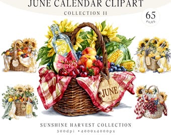 Paquete de imágenes prediseñadas para el calendario de junio, colección de cestas de cosecha de girasoles, gráficos de acuarela de mercado de verano, calendario estilo cottagecore, 65 archivos PNG y JPG.