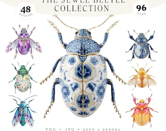 Paquete de imágenes prediseñadas de escarabajos joya, 48 imágenes ornamentales en acuarela en formato PNG y JPG, insectos de especímenes vintage, motivos florales de porcelana, insectos de porcelana, criaturas botánicas.