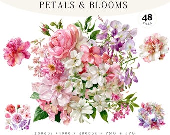 Paquete de imágenes prediseñadas de pétalos y flores en acuarela, florales, flores románticas, ramo de acuarela, arreglos florales para bodas, botánicos (48 imágenes PNG y JPG), invitación, cumpleaños.