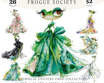 Imágenes prediseñadas de animales de ranas de moda caprichosa, paquete de 26 PNG JPG de Frogue Society, personajes de cuentos de lujo, conjunto de ilustraciones de alta costura, modelo de pasarela