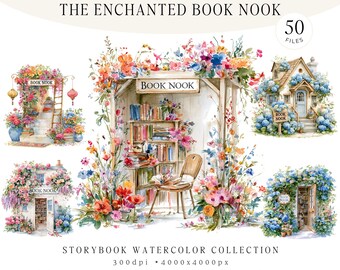 Paquete de 50 imágenes prediseñadas de acuarela de un rincón de lectura encantado, imágenes prediseñadas de una librería acogedora, imágenes PNG de una casita de biblioteca floral, gráficos de un rincón de lectura, kit para diario creativo.