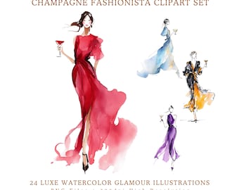 Imágenes prediseñadas de fashionista de champán, paquete de glamour de acuarela de lujo, colección PNG de dama elegante, gráficos de alta costura para celebraciones elegantes, vestido de mujer