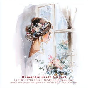 Romantisk brud Clipart, akvarell bröllopsporträtt, elegant kvinnlig illustration, brudklänning före bröllopet, mjuk blommig fönsterkonst, JPG & JPG