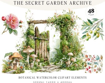 Paquete de imágenes prediseñadas botánicas, Archivo del Jardín Secreto, Naturaleza en acuarela: flores silvestres, helechos, flores, setas y jardín campestre, 48 imágenes PNG JPG para invitaciones.