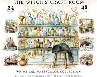 Whimsical Witch Craft Room Clipart, Apothecary Watercolor, Witch Cottagecore Magic, Junk Journal, Scrapbook, Ephemera, Spellbook, 24 PNG JPG