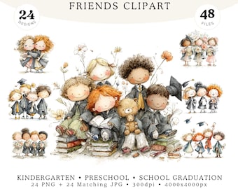 Whimsical Graduation School Friends Clipart, Quirky Watercolor, Kindergarten, Kindy, Preschool School, Cute Student, Children, 24 PNG 24 JPG