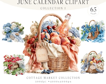 Paquete de imágenes prediseñadas del calendario de junio, colección de cestas de cosecha de verano, gráfico de acuarela de mercado campestre, papel para agenda planificadora estacional 65 PNG JPG
