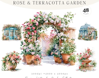 Paquete de imágenes prediseñadas de acuarela de rosas y terracota, cabaña de jardín PNG, invernadero, patio floral, cuento romántico, cenador, 48 PNG JPG