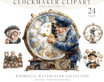 Paquete de imágenes prediseñadas de relojeros, ilustraciones de relojeros en acuarela, arte de taller de relojería vintage, reloj steampunk, artesano caprichoso, 24 PNG JPG