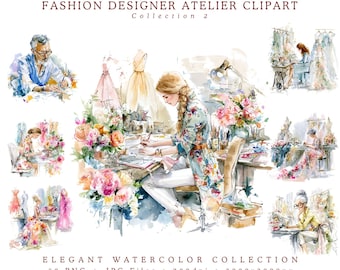 Imágenes prediseñadas de diseñador de moda, paquete de acuarelas de taller de alta costura, ilustración de estudio creativo profesional 50 PNG JPG, colección de artista de moda 2