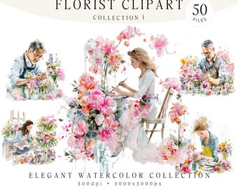 Imágenes prediseñadas de floristería, paquete de acuarelas de floristería, estudio de diseño floral, colección botánica romántica, profesión, colección I 50 PNG JPG