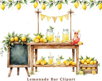 Paquete de imágenes prediseñadas de barra de limonada, acuarela PNG, decoración para fiesta de verano en el mercado de agricultores, despedida de soltera, puesto de bebidas cítricas, letrero de pizarra, SX1