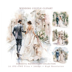 Clipart di coppia di sposi, sposi che camminano verso la destinazione, set di illustrazioni, pacchetto romantico ad acquerello, cerimonia elegante, 32 JPG+PNG