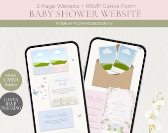 Sitio web para baby shower con hortensias azules y rosas / Sitio web digital / Abuela costera / Canva editable