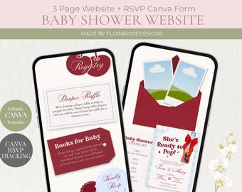 Invitación "Está lista para dar a luz" (azul y rojo) / Sitio web para baby shower / Plantilla editable en Canva