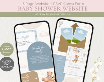 Plantilla web para baby shower "We Can Bearly Wait" / Invitación editable en Canva (Azul)