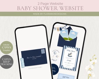 Sitio web digital para baby shower azul / Descarga digital / Editable en Canva /