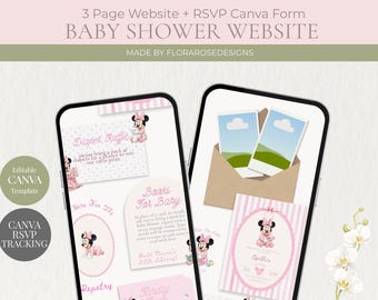 Sitio web para baby shower de Minnie Mouse / Invitación editable en Canva (descarga digital)