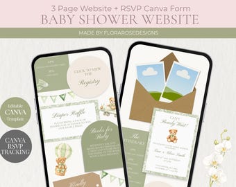 Plantilla web para baby shower "We Can Bearly Wait" / Invitación editable en Canva (Verde)