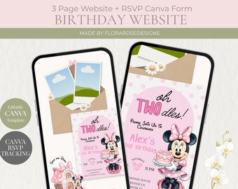 Invitación digital para el segundo cumpleaños de Oh TWOdles / Rosa / Niña / Plantilla editable de Canva