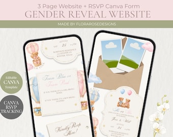 Invitación para revelar el sexo del bebé con temática de ositos de peluche, rosa y azul (plantilla de Canva, descarga digital), editable en Canva