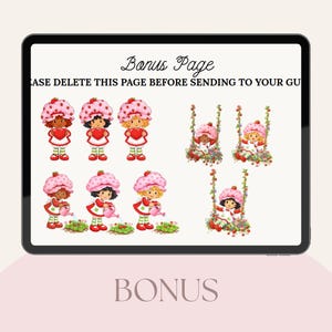 May include: Digital illustration featuring Strawberry Shortcake characters. The image shows several versions of the character, some standing and others on swings. The characters are wearing pink and white outfits and hats. The text "Bonus Page" is at the top.