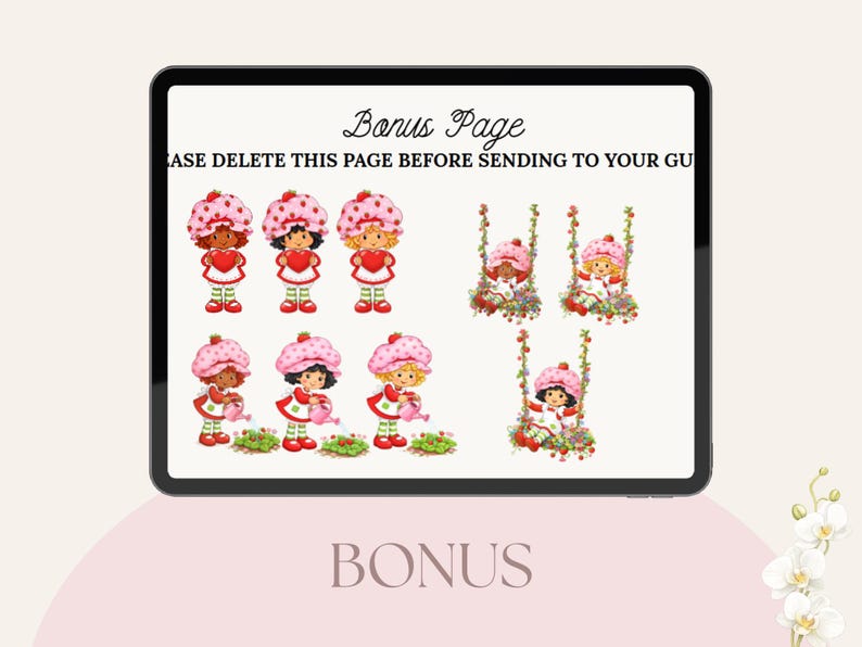 May include: Digital illustration featuring Strawberry Shortcake characters. The image shows several versions of the character, some standing and others on swings. The characters are wearing pink and white outfits and hats. The text "Bonus Page" is at the top.