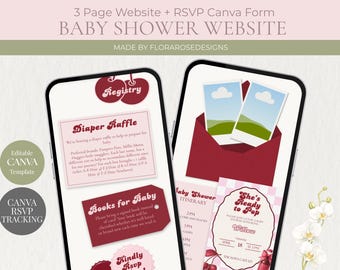 Invitación para baby shower (rosa y rojo) / Sitio web para baby shower / Plantilla editable en Canva