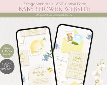 Invitación digital con temática de limón amarillo bebé / Ciao Baby / Sitio web para baby shower / Plantilla editable de Canva