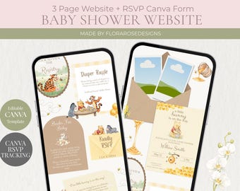Sitio web para baby shower de Winnie the Pooh (versión neutral) / Sitio web digital / Plantilla editable en Canva