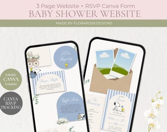 Un pequeño cacahuete está en camino. Sitio web para baby shower / Sitio web digital / Canva editable.