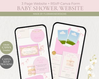 Sitio web para baby shower con temática de carrusel rosa / Sitio web digital / Plantilla editable en Canva