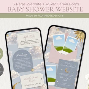 May include: A digital baby shower website template displayed on two smartphones. The design features a soft color palette with cloud and star accents. Text includes "3 Page Website + RSVP Canva Form" and "Baby Shower Website".
