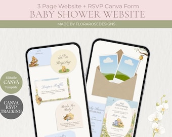 Nuestro pequeño tesoro está en camino. Sitio web para baby shower / Sitio web digital / Plantilla editable en Canva.