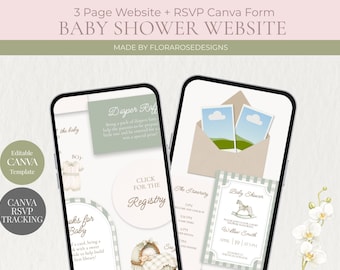 Sitio web digital para baby shower en color verde salvia / Descarga digital / Editable en Canva / Género neutro