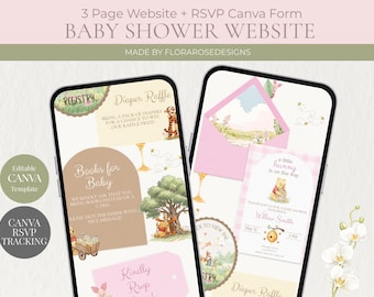 Sitio web para baby shower con temática de ositos amantes de la miel (versión rosa) / Sitio web digital / Plantilla editable en Canva