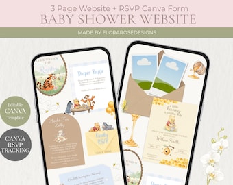 Sitio web para baby shower con temática de ositos amantes de la miel (versión azul) / Sitio web digital / Canva editable