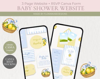 Invitación digital con temática de limones a rayas amarillas y azules para bebés / Ciao Baby / Sitio web para baby shower / Plantilla editable de Canva