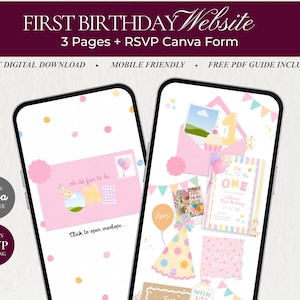 May include: Two smartphones displaying a digital first birthday website template with pink, yellow, and blue party graphics. The screens show an envelope graphic with the text 'oh its fun to be ONE' and 'Click to open envelope', plus party invitations, balloons, and bunting.