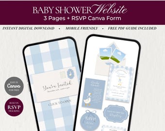 Silly Goose Blue Gingham Baby Shower | Editable Website Template | Digital Invitation | Canva