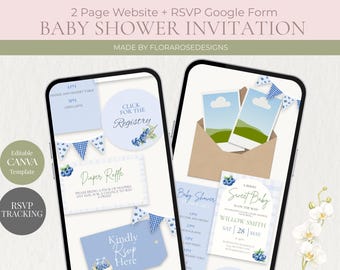 Berry Sweet Baby Shower Invitation Website | Blueberry Theme, Editable Canva Template (Digital Download)