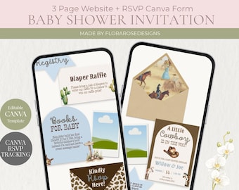 El pequeño vaquero está en camino / Sitio web para baby shower / Plantilla editable / Versión azul