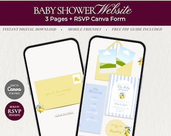 Baby Yellow & Blue Striped Lemon Theme Digital Invitation  | Ciao Baby | Baby Shower Website | Editable Canva Template