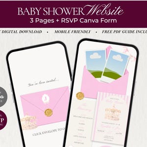 Sitio web para baby shower con temática de carrusel rosa / Sitio web digital / Plantilla editable en Canva