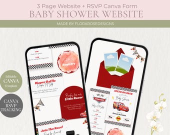 Sitio web digital para baby shower con temática de autos / Descarga digital / Editable en Canva